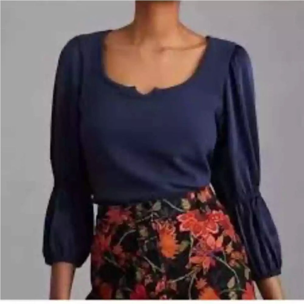 NWT Anthropologie Maeve Ribbed Tiered Sleeve Top in Navy Blue Size: M